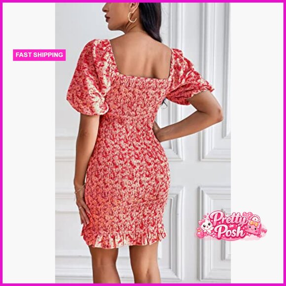 Floral Puff Sleeve Mini Dress Square Neck Ruffle Hem Bodycon - Picture 3 of 7
